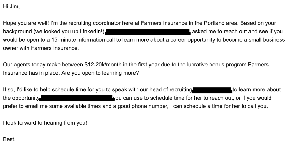 jjvdangelo's tweet photo. Damn @Farmerspdx. Sending this to my work email address? Instead of responding in email: no, I'm not interested. I'm happy in my role here at @CashApp. 👋 https://t.co/6DzuhATRIl