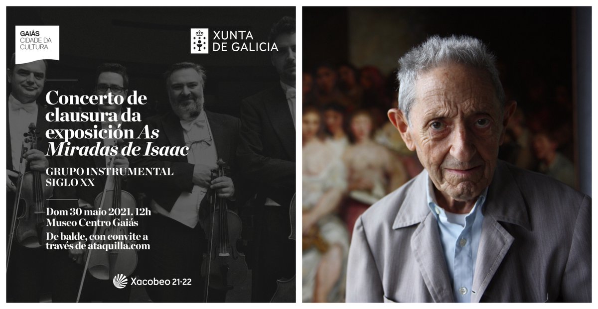 Este domingo convidámosche a un🎶concerto de #cuartetodecorda para despedir dun xeito especial «As miradas de Isaac», a primeira grande exposición homenaxe a #DíazPardo despois do seu falecemento.

Faite co #convite para a actuación ás 12H no #MuseoGaiás👇bit.ly/ConcertoClausu…