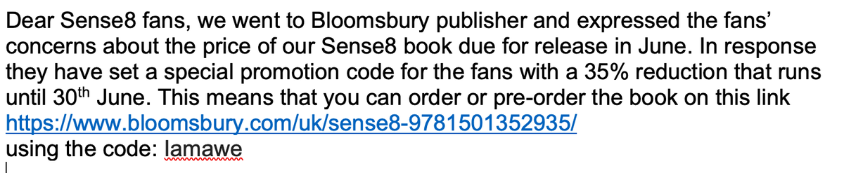 devorahshawa's tweet photo. Special offer for #sense8 fans - Bloomsbury publishers have set up a promotion code to get 35% off our Sense8 book's price use code: Iamawe
https://t.co/5RlDekyo3C
#iamawe https://t.co/0bILf1iUez