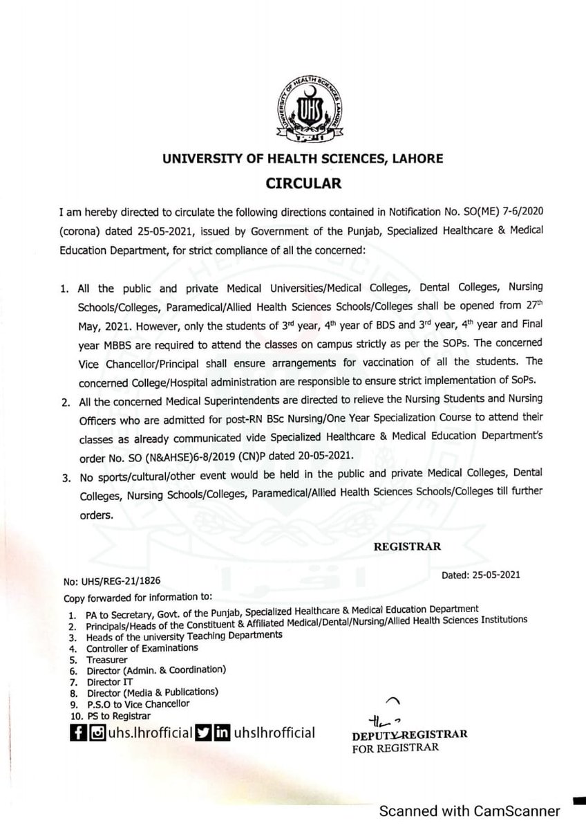 mtcapital2's tweet photo. Opening of All Pvt / public medical colleges and uni from 27 May 2021 https://t.co/6px0hzU2IB