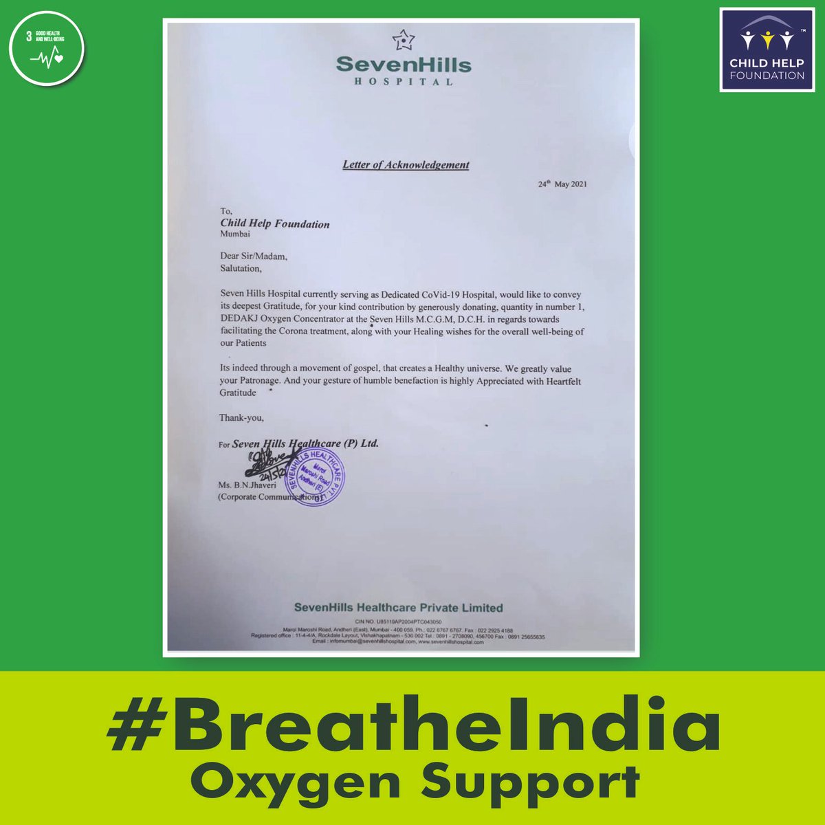 Childhelpindia's tweet photo. #ChildHelpFoundation was able to provide Oxygen Concentrator to @7HillsHospital in Mumbai under our #BreatheIndia campaign.
We salute the medical staff for their constant determination in this fight against the virus
#COVID19 #IndiaFightsCorona https://t.co/BQGgPrTjw2