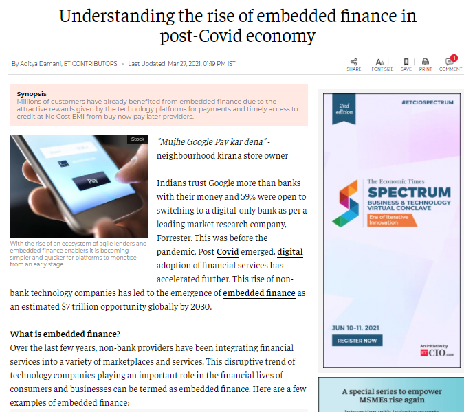 labs_pi's tweet image. &quot;Mujhe Google Pay kar dena&quot; - a common phrase of Kirana store owners.
The rise of non-bank #technology companies has estimated a $7 trillion opportunity of #embeddedfinance globally by 2030 - @EconomicTimes. How does it help the rest of the world?
Read: bit.ly/2SnRccj