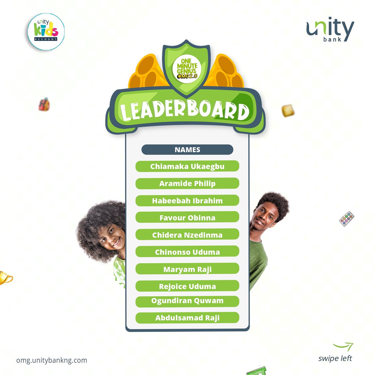 UnityBankPlc's tweet photo. The leaderboard is here!
 
Look at our One Minute Geniuses 🤩

#OneMinuteGenius #UnityKids #SucceedingTogether https://t.co/YnLhCDGYEl