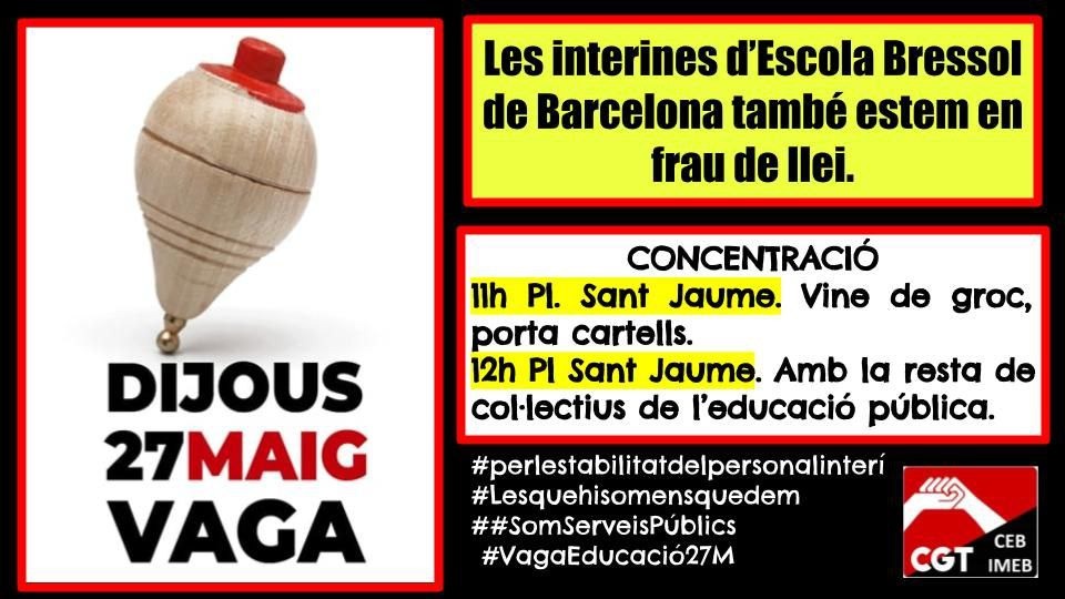 Nota de premsa @cgtcebimeb
L’Ajuntament de Barcelona abusa de la temporalitat de les treballadores i permet el maltracte de les externalitzades cgtensenyament.cat/lajuntament-de…
Convoquem als mitjans dijous 27 de maig a les 11.30h a Pl. Sant Jaume