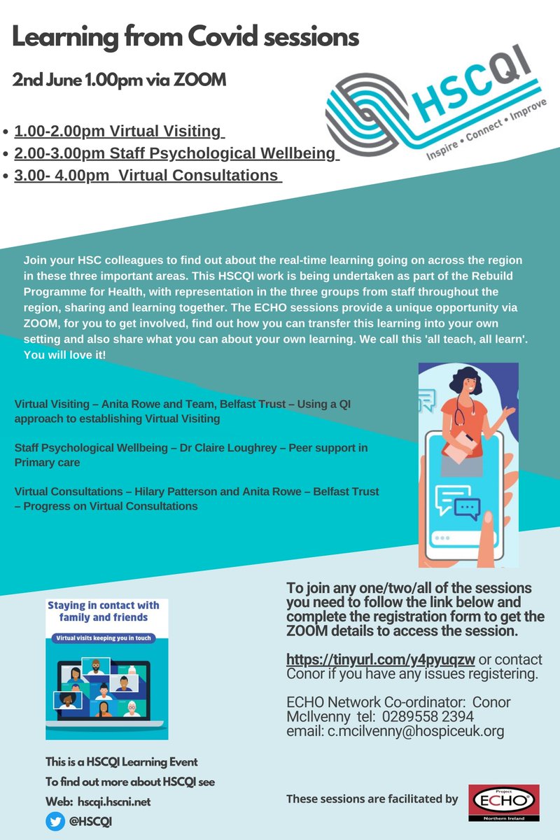 HSCQI's tweet photo. Haven't joined in these brilliant #HSCQI sessions before? Learn from frontline colleagues about #VirtualVisiting #VirtualConsultations #StaffPsychologicalWellbeing Join the #HSCQI @NIProjectECHO session on 2 June see registration details to join session. You won't regret it! https://t.co/qeQWrvrQK5