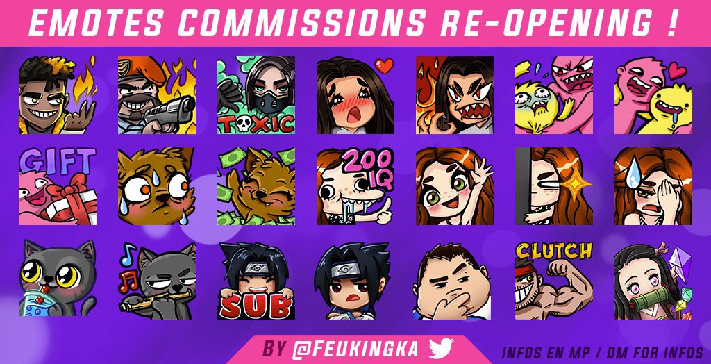 OLA ! LES COMMISSIONS SONT A NOUVEAU OUVERTES ! 

EMOTES / BADGES / AVATARS ... ✏️

PASSEZ EN DM POUR PLUS D'INFOS ! 🔥