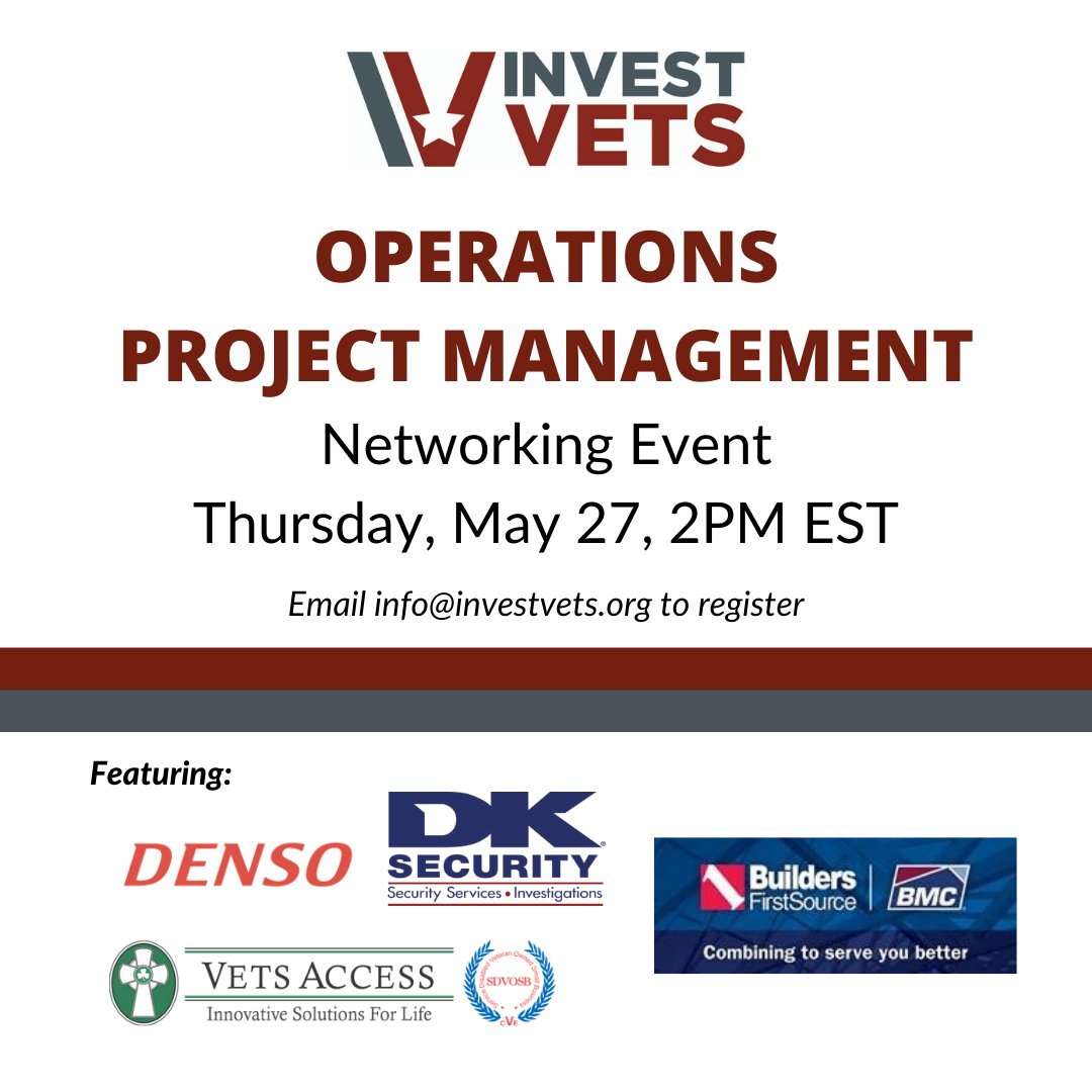 InvestVets's tweet photo. Interested in a position in Operations or Project Management? We have an amazing line up of employers and resources to obtain your PMP - to register, please email: Info@InvestVets.org https://t.co/eppo1jurmM