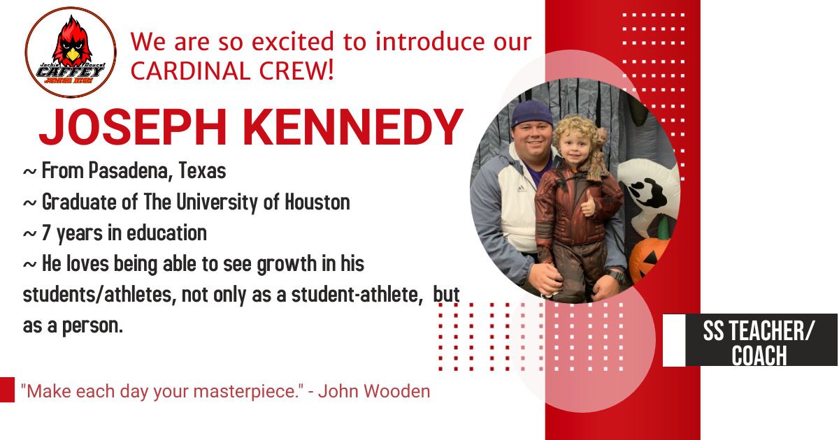 CaffeyJH's tweet photo. Cardinal Community,
We are so excited to introduce you to our #CardinalCrew that will help open Jackie Doucet Caffey Junior High!
Meet Coach Kennedy coming to us from Angleton JH as a social studies teacher and coach!
#GoCards #TimeToFly 💛❤️ https://t.co/BboGDpqi9h