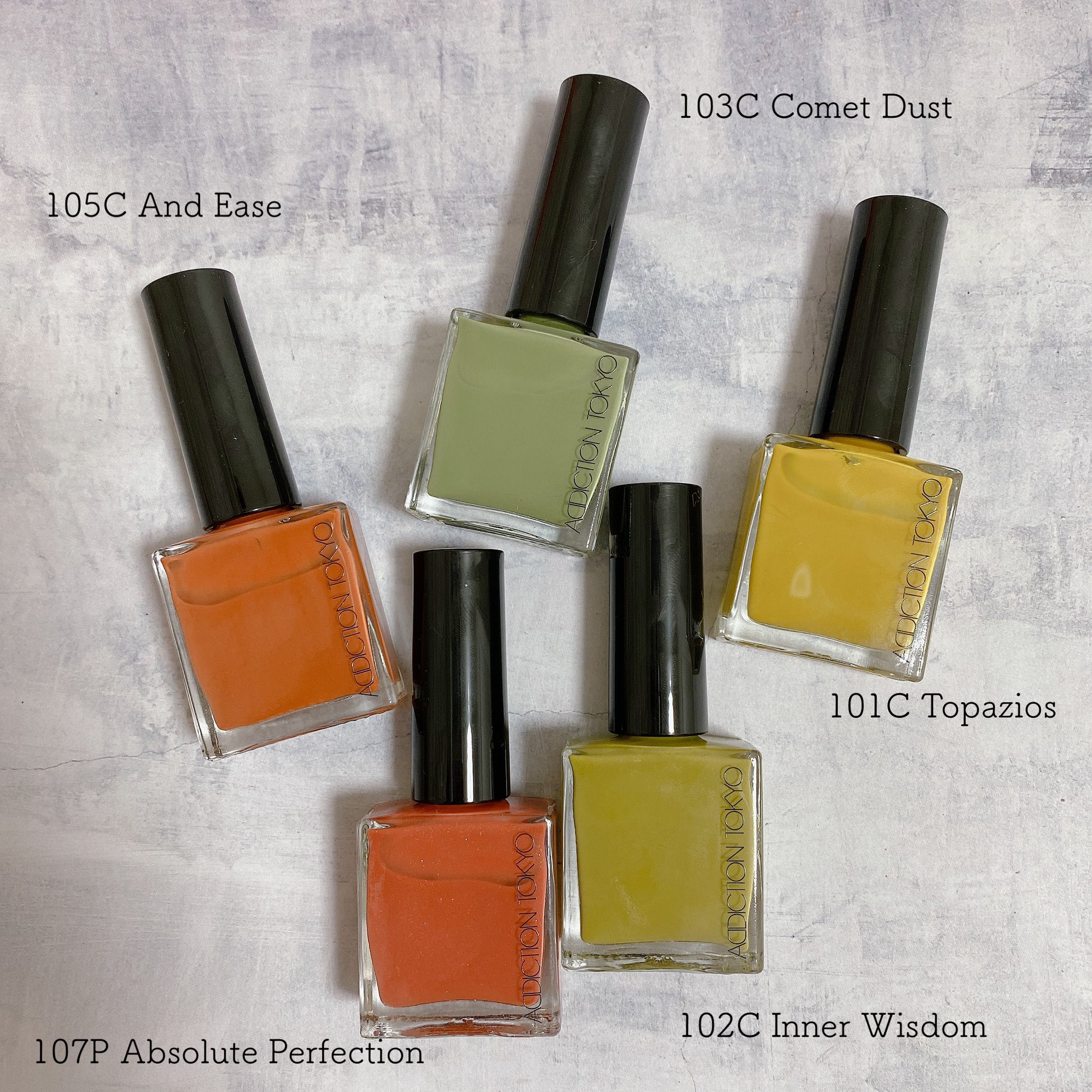 量産型アラサー ネイル塗り替え Addiction 101 102 103 105 107 アディクションの夏コレ 塗ってる瞬間から可愛くて震えた 透け感があって夏らしい色 全部塗りたかったので５本全部違う色で あー買って良かった アディクション Addiction
