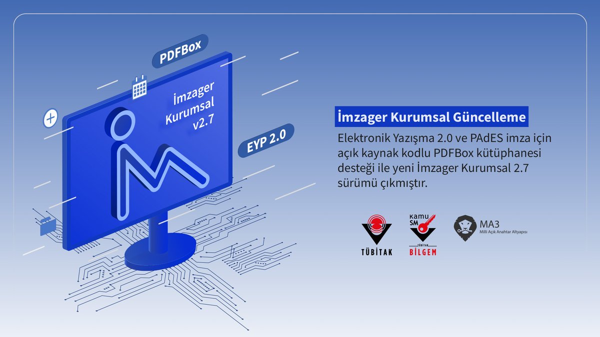 Artan elektronik imza kullanımıyla birlikte kurum ve kuruluşlara ihtiyaç duyabilecekleri e-imza çözümleri sunan İmzager Kurumsal artık Elektronik Yazışma 2.0 ile de uyumlu!
👉 yazilim.kamusm.gov.tr/?q=/node/143
<a href="/Tubitak/">TÜBİTAK</a>  
@TBilgem 
#imzager #KamuSM #KamuSertifikasyonMerkezi