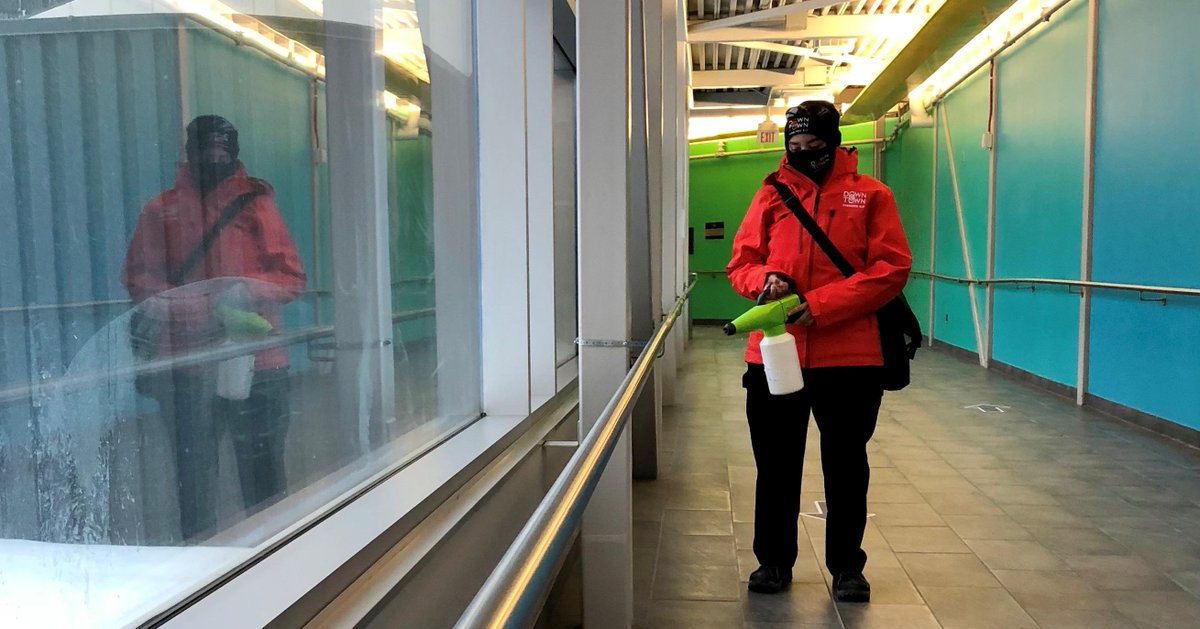DowntownWpgBIZ's tweet photo. #DidYouKnow downtown Ambassadors disinfect high-use surfaces in the Skywalk twice per day? 

They use a handheld fogger from @CertiGreenClean  - it's sustainable, safe, and kinda fun to use 🤓 

#FindItDowntown https://t.co/5gWljB9MCW
