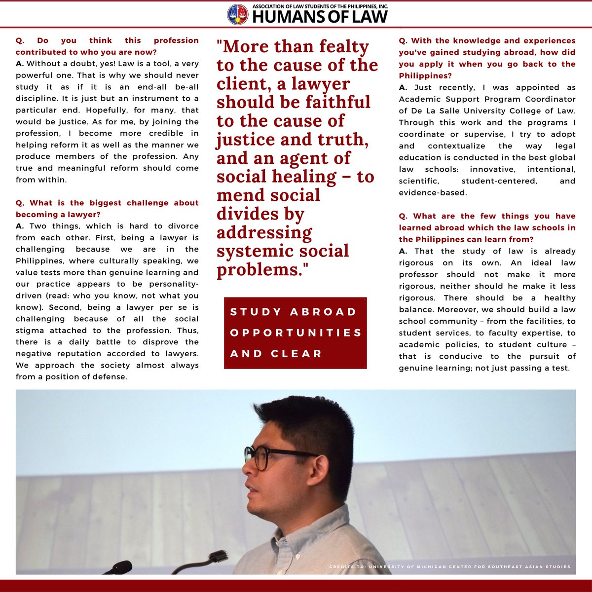 alspofficial's tweet photo. Atty. Sucgang is a strong advocate for reform of legal education in the Philippines—he is the founder of the Center for Legal Education Advancement and Reform (CLEAR). He pursued studies abroad and obtained his LL.M. from the University of Michigan.

#HumansofLaw2021
#ForwardALSP https://t.co/9XxsgZ7Tgb