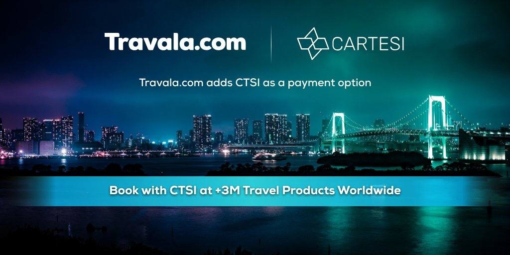 Calling all <a href="/cartesiproject/">Cartesi</a> fans 📣 

You can now pay directly with your #CTSI at travala.com and book over 3 million travel products around the world 🌎 

Make a hotel or activity booking using $CTSI and complete your stay before June 30th and get 10% back ⭐️