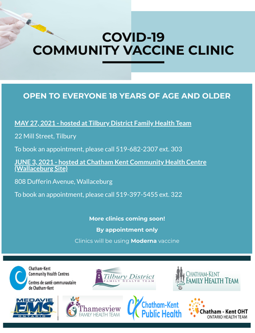 Join us this Thursday, May 27th for a community-wide COVID-19 vaccine clinic.

Open to anyone over 18.

By appointment only - call today to book your spot 519-682-2307 ext 303