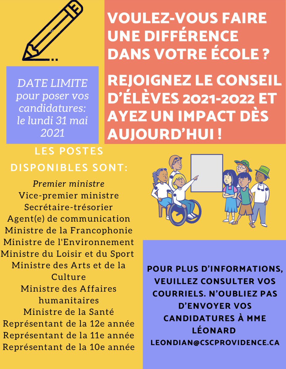 SALUT LES LIONS, les élections pour le conseil des élèves 2021-2022 sont ici! Allez voir vos courriels pour poser vos candidatures. Date limite: le lundi 31 mai 2021. Bonne chance!