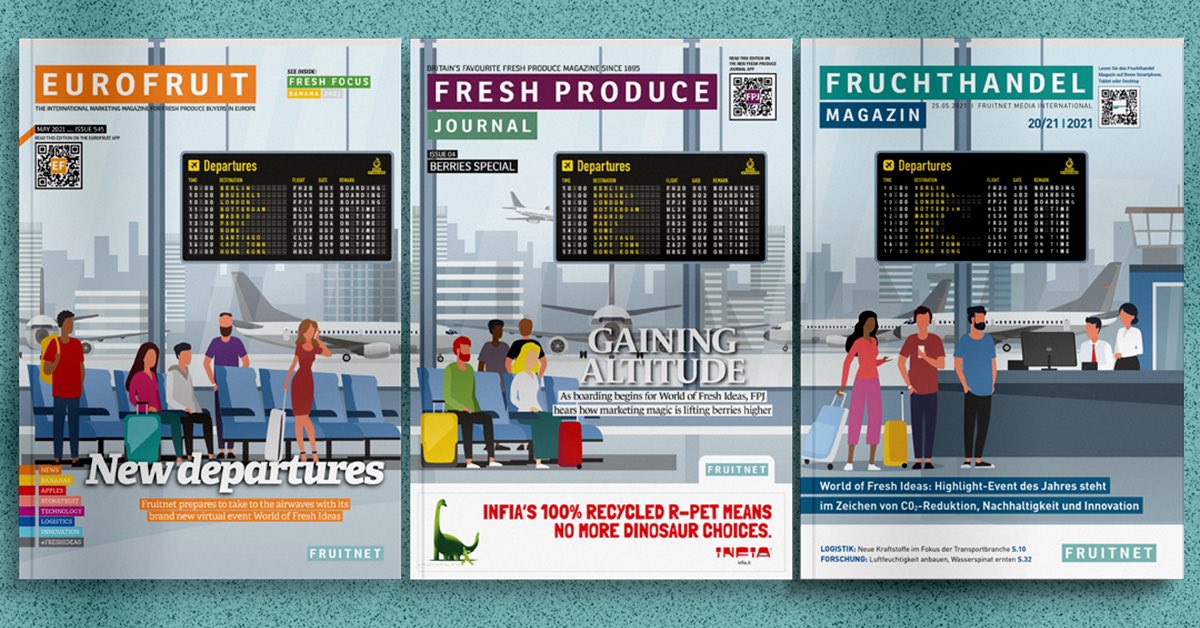 designfruitnet's tweet photo. This month to coincide with #worldoffreshideas we have #designed a #triptych style front cover across our 3 #magazine titles… #eurofruit #freshproducejournal &amp; #fruchthandel 

An #airport scene with #delegates getting ready to board our new #online #event which starts tomorrow! https://t.co/0FeeJGrpsU