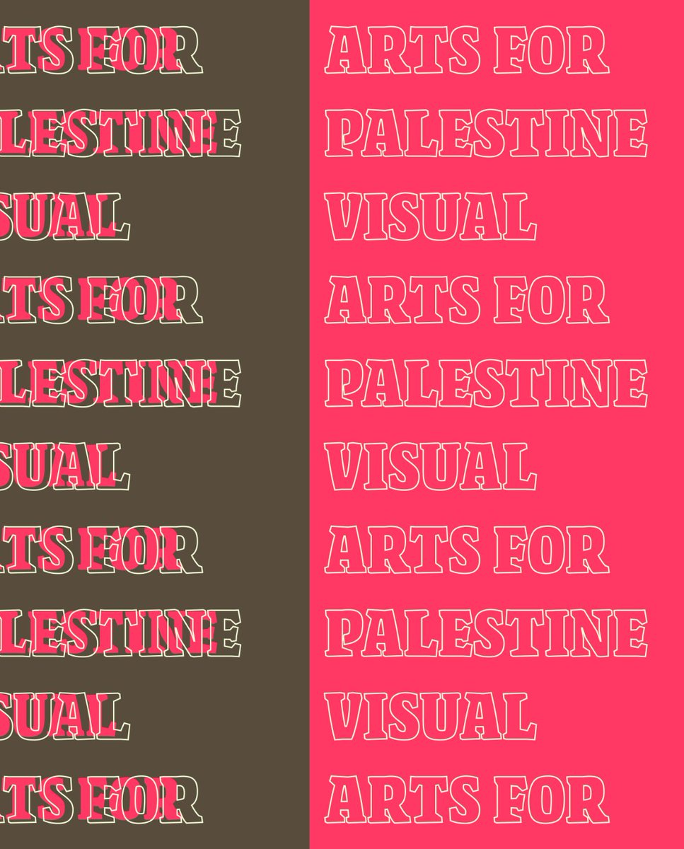 A bright brown and pink background with bold cream and pink repeated text in all caps that says ‘visual arts for Palestine’
