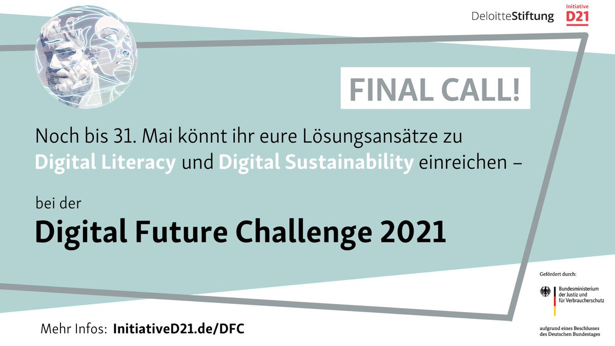 Endspurt: Die letzte Woche der Qualifikationsphase der #DFC2021 ist in vollem Gang! Bis Montag könnt ihr eure Projektideen &amp; Lösungsansätze zu #DigitalLiteracy &amp; #DigitalSustainability einreichen. Euch erwarten ein spannender Wettbewerb &amp; tolle Preise: initiatived21.de/digital-future…