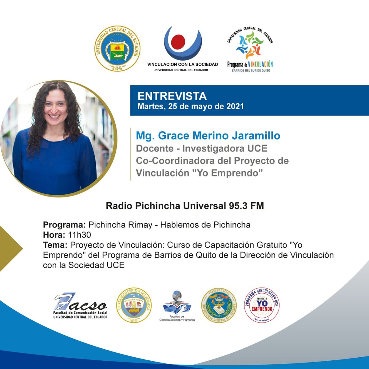 #Entrevista
 HOY  11h30, la Docente - Investigadora y Co-coordinadora del Proyecto de Vinculación: Curso de Capacitación <a href="/YoEmprendoUCE/">YoEmprendoUCE</a> del Programa Barrios de Quito, de <a href="/lacentralec/">Universidad Central del Ecuador</a>, Mg. Grace Merino; dialogará con Radio Pichincha Universal 95.3 
<a href="/pabloaraujogr/">Pablo A. Araujo G.</a>
<a href="/gimerinoj/">Grace Merino Jaramillo</a>