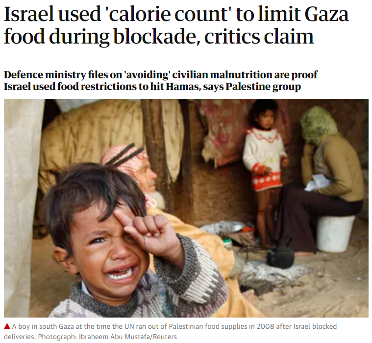 benabyad's tweet photo. A reminder that the Israeli government literally counted the number of calories it would allow Palestinians in the Gaza Strip to consume. https://t.co/k9yCPb86WA