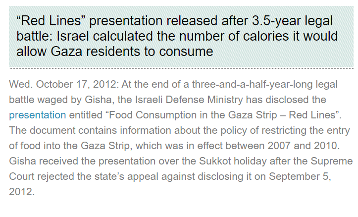 benabyad's tweet photo. A reminder that the Israeli government literally counted the number of calories it would allow Palestinians in the Gaza Strip to consume. https://t.co/k9yCPb86WA