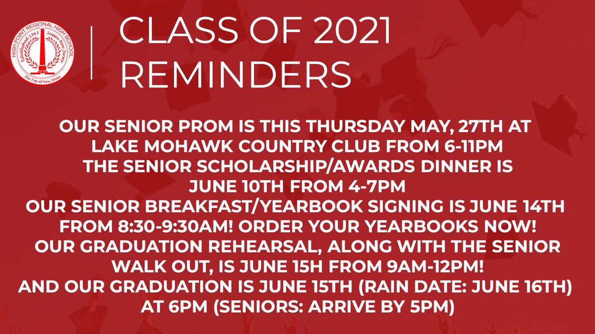 Eliza(beth) Lauver (@eliza_lauver) on Twitter photo Hey, Seniors! As we are nearing the very last few weeks of high school, here are some super important dates to remember!! 🎓🐾☀️ <a href="/HPRwildcats/">High Point Regional High School</a> @hprhs_madeleine <a href="/hprhs_emilys/">Emily Shauger</a> @hprhs_Alexandra <a href="/JonTallamy/">Jon Tallamy</a> #topofnj #hprwildcats #classof2021 Hey, Seniors! As we are nearing the very last few weeks of high school, here are some super important dates to remember!! 🎓🐾☀️ <a href="/HPRwildcats/">High Point Regional High School</a> @hprhs_madeleine <a href="/hprhs_emilys/">Emily Shauger</a> @hprhs_Alexandra <a href="/JonTallamy/">Jon Tallamy</a> #topofnj #hprwildcats #classof2021