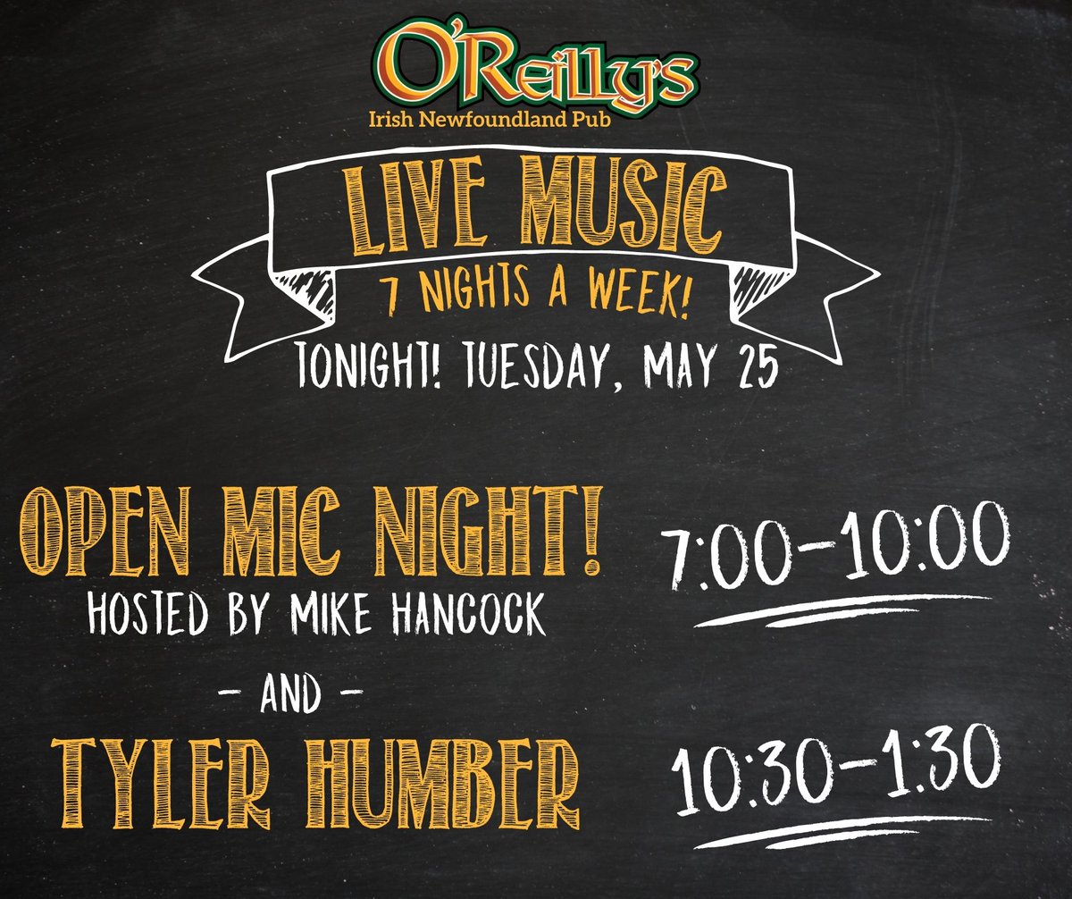 oreillys_pub's tweet photo. Open Mic Night starts 7pm, hosted tonight by Mike Hancock! Sign up at the bar to perform onstage. Tyler Humber has the late set tonight, 10:30-1:30. @Yellowbellybrew on tap!

Later this week: The Dawnies, Irish Descendants, #WomenoftheRock and more - https://t.co/9pq8lqjPAP https://t.co/E4mRTYAUHO