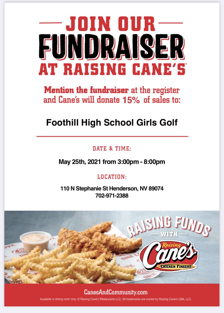 foothill_wgolf's tweet photo. ✅ Like chicken? 🍗 
✅ Support Women’s Golf? 🏌️‍♀️
✅ Going to have dinner tonight? 🍽 
-
Then stop by @Raising_Canes on Stephanie tonight in Henderson to help support our program! Just mention Foothill Girls Golf at the register! @Foothill_HS https://t.co/LmyrmJgxjn