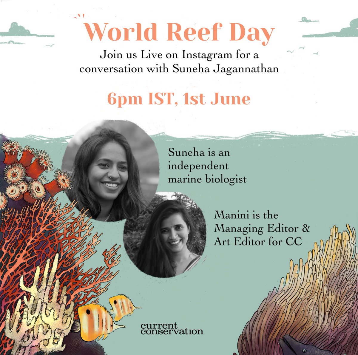 Join us on World Reef Day, June 1st, to hear about some of Suneha Jagannathan’s wonderful experiences in reefs and how we could help protect them.
She is an independent marine biologist and currently a research affiliate with Dakshin Foundation (<a href="/dakshin_seas/">Dakshin Foundation</a> ).