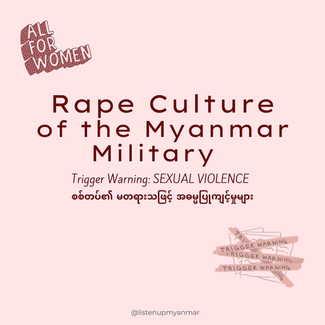 listenupmyanmar's tweet photo. TW// SEXUAL VIOLENCE

Burned by cigarettes, slashed with knives, tortured, assaulted, raped, and mercilessly held as sexual slaves — this is the horrific reality of women in the hands of the Burmese junta. 
#WhatsHappeningInMyanmar https://t.co/nRfJJUnvRI