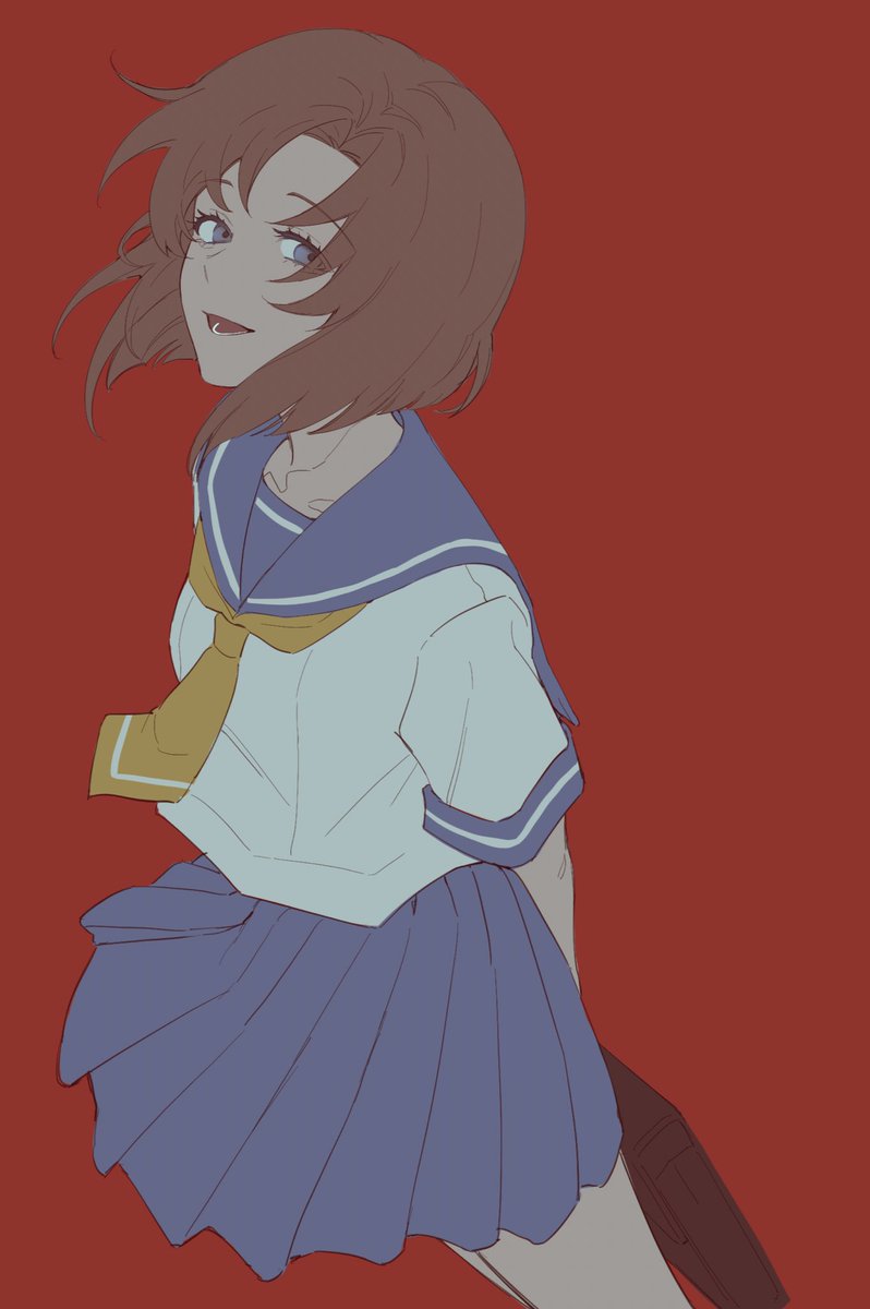 ryuuguu rena 1girl solo red background skirt school uniform sailor collar blue skirt  illustration images