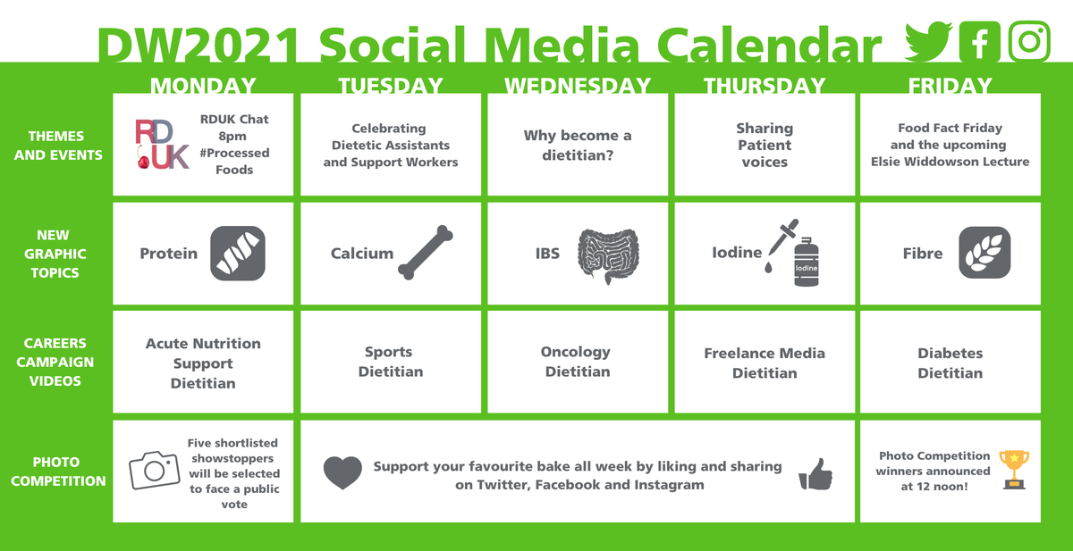 BDA_Dietitians's tweet photo. We've got lots planned for Dietitians Week 2021 - just some of which is outlined in our new social media calendar. Make sure you join in throughout the week! #DW2021 #WhatDietitiansDo https://t.co/qZkXFBMlj9