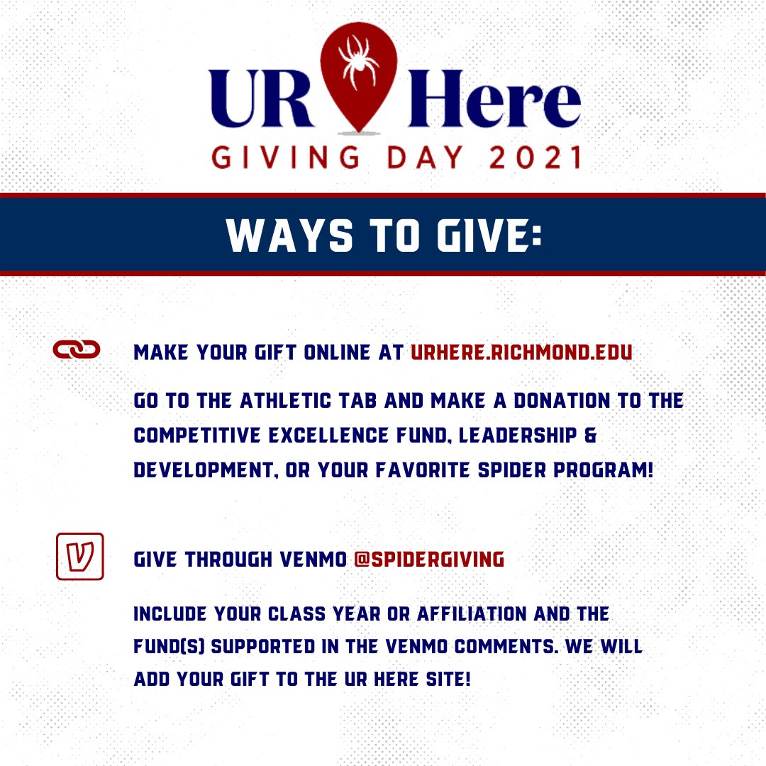 SpiderAthletics's tweet photo. We're getting down to crunch time, and anonymous '88 Spider has stepped up to the challenge! They have offered to match gifts to the Competitive Excellence Fund up to $50,000. With your help we can score big, so donate now!

🔗: https://t.co/63DLiB5QTs

#OneRichmond https://t.co/fPfV83SPx6