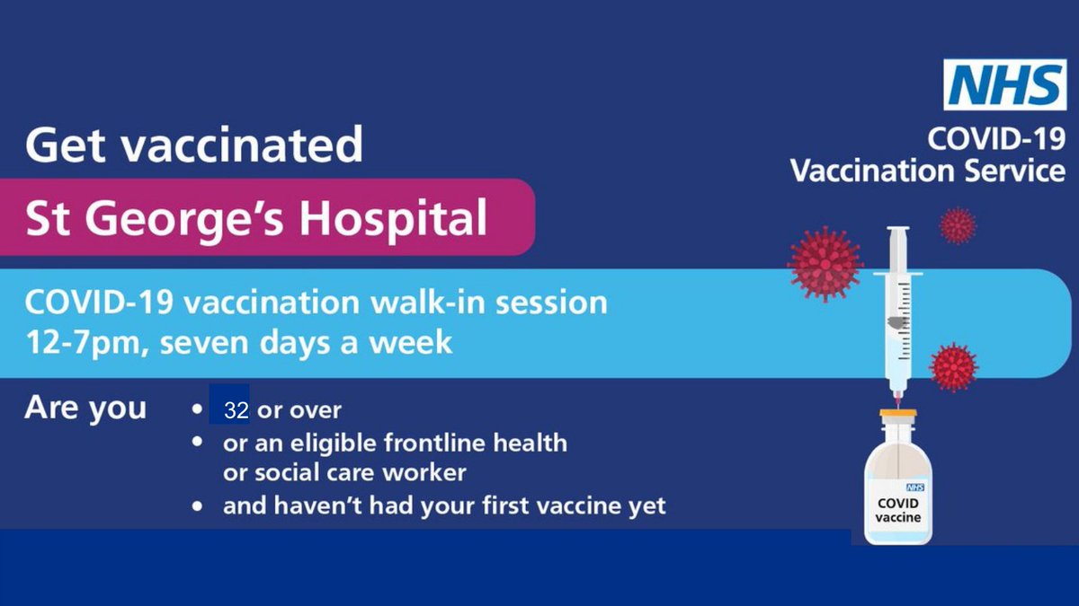 wandbc's tweet photo. Aged 32 or over? Not had your first vaccination? 

Get vaccinated at St George's Hospital. Walk-in sessions open 12-7pm, seven days a week. https://t.co/YlNSDCYp5D