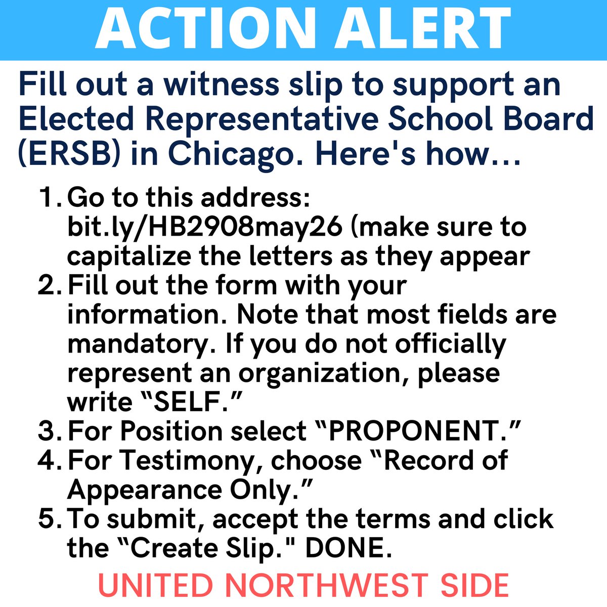 unitednwside's tweet photo. It's crunch time for #ERSBNow in the Illinois Senate. Hearing tomorrow for the bill from @repdeliaramirez to bring an ERSB to Chicago, fill out a witness slip today as a PROPONENT. (Full instructions via the graphic here.) #DemocracyforCPS cannot wait any longer! https://t.co/mkZb97HjFH