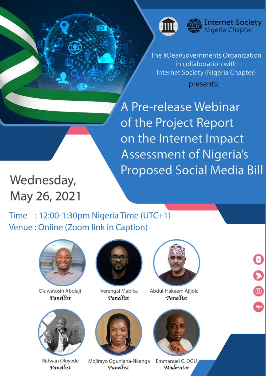Tomorrow, I engage these high-profile Panellists: @Mojirayopet, @Abolajitosin, @readeroy, @VerengaiMabika, & Abdul-Hakeem Ajijola, on 🇳🇬's Social Media Bill, 2019.
Join us for an interesting discussion.

Register: bit.ly/3bKrXYr
Read Draft Report: rb.gy/rifeab