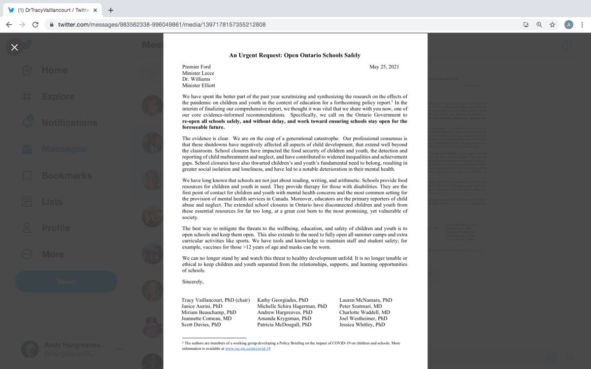 HargreavesBC's tweet photo. Our Open Letter from the Royal Society of Canada COVID-19 &amp; Education group to @fordnation &amp; @Sflecce to heed the science &amp; our children by reopening Ontario schools safely &amp; without delay. @vaillancourt_dr (Chair) @joelwestheimer @calphonso @krushowy @CarolCampbell4 @uOttawa https://t.co/NO8VmALqLC