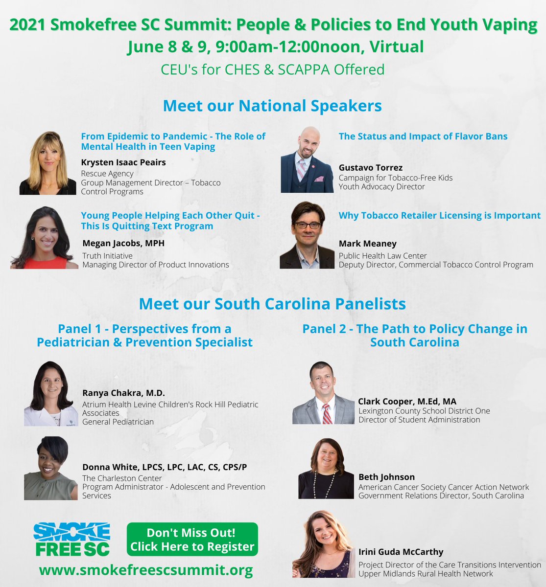 Are you interested in learning more about youth vaping? Sign up for the <a href="/SmokefreeSC/">Smokefree SC</a> Summit! Registration ends June 3rd! 

smokefreescsummit.org