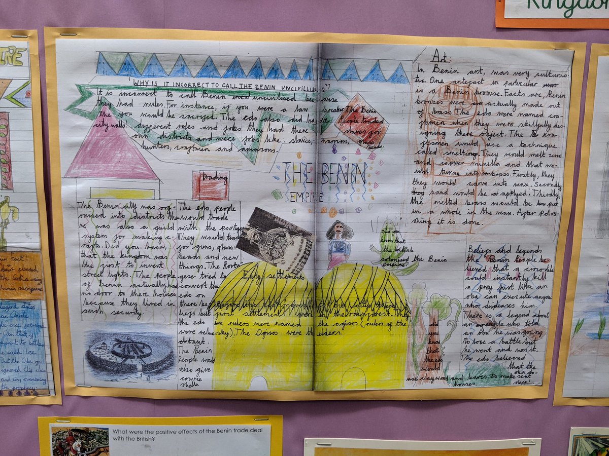 PPAforyou's tweet photo. I've really enjoyed teaching the Benin Empire for the first time this year and the children have loved it as well. Even more, I've loved the double page spreads that have been produced 📝📚 #ks2history #edutwitter #year5 #doublepagespread https://t.co/GRetMLwzQX