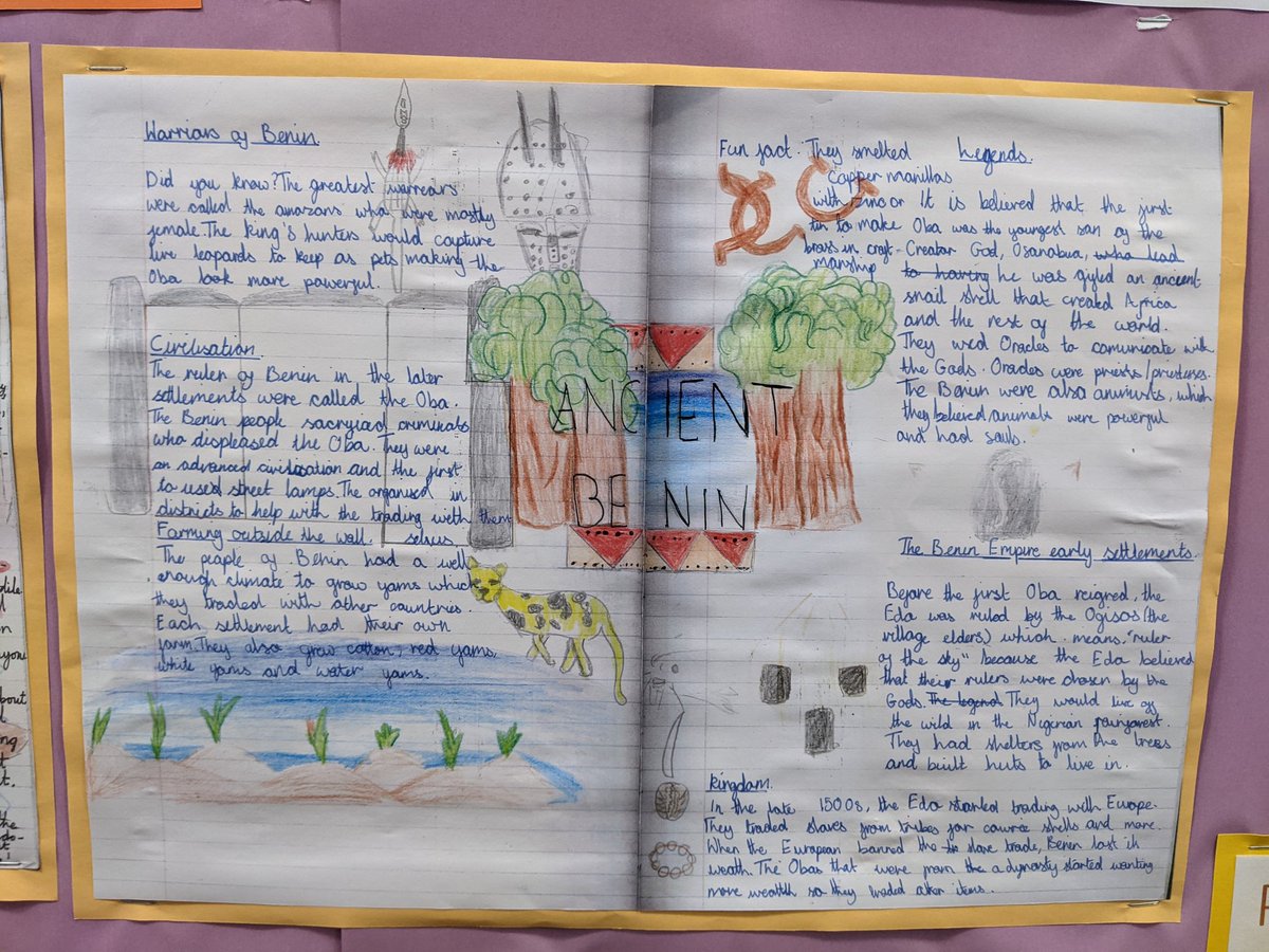 PPAforyou's tweet photo. I've really enjoyed teaching the Benin Empire for the first time this year and the children have loved it as well. Even more, I've loved the double page spreads that have been produced 📝📚 #ks2history #edutwitter #year5 #doublepagespread https://t.co/GRetMLwzQX
