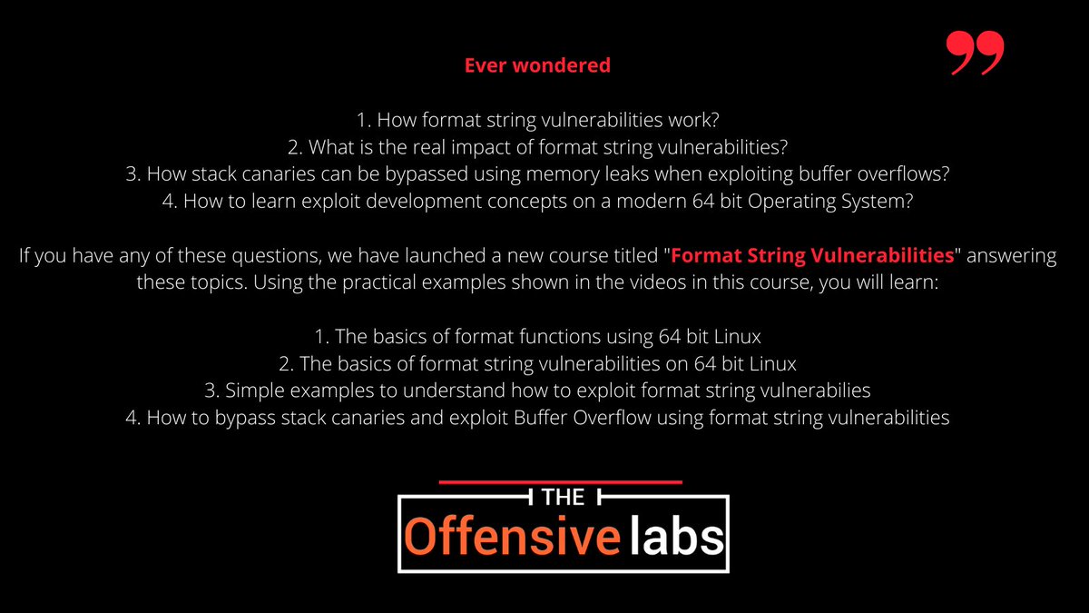 New Course Alert!
We have launched a new course titled "Format String Vulnerabilities". Now get the course at a discounted price "bit.ly/3fPsl9o" or use the code "LAUNCHOFF" during checkout
More details about course in the attached image👇👇👇
#infosec #cybersecurity