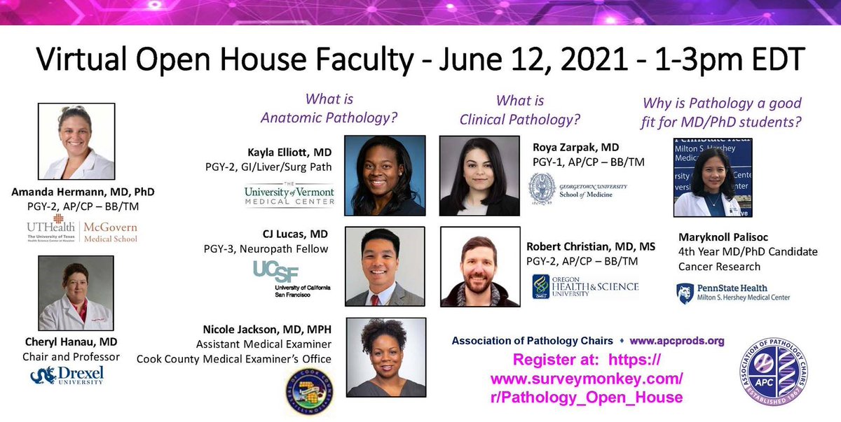 KMirza's tweet image. .@apcprods presents its First Virtual #OpenHouse for #MedicalStudents 6-12-21 12-2PM CST
All #medstudenttwitter with curiosity about the specialty of #Pathology is encouraged to attend!
#PathMatch22 #Match2022 #Match2023 @SSOM_SCOPE @Path_SIG @IPathC @PathPod @PathElective