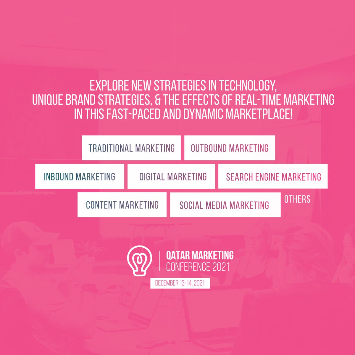 ConferenceQatar's tweet image. Witness the showcase of the latest marketing innovations, CRM, marketing automation, online and offline advertising and new strategies in technology at Qatar Marketing Conference 2021!

Register for FREE at marketingconf.com

#QatarMarketingConf #Marketing