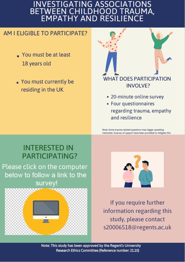 Anna Joyce (@drannajoyce) on Twitter photo !!#Participants needed!! New #research <a href="/regentsuni/">Regent's University London</a> to enhance understanding of long-term impact of #trauma on #empathy and #resilience in healthy UK adults. Please consider participating and sharing <a href="/c_tru_research/">GMMH Complex Trauma and Resilience Research Unit</a> <a href="/empathymuseum/">Empathy Museum</a> <a href="/bigthink/">Big Think</a>
More info here: tinyurl.com/a4fjkekj !!#Participants needed!! New #research <a href="/regentsuni/">Regent's University London</a> to enhance understanding of long-term impact of #trauma on #empathy and #resilience in healthy UK adults. Please consider participating and sharing <a href="/c_tru_research/">GMMH Complex Trauma and Resilience Research Unit</a> <a href="/empathymuseum/">Empathy Museum</a> <a href="/bigthink/">Big Think</a>
More info here: tinyurl.com/a4fjkekj