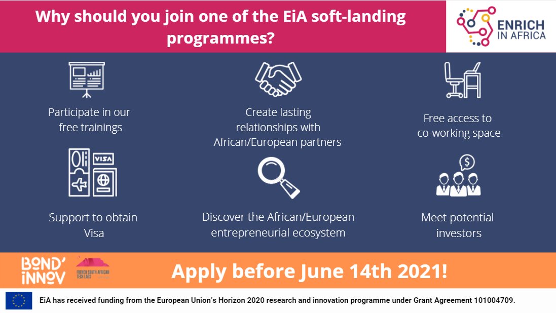 ENRICHinAfrica's tweet photo. Find out more about what the #soft-landing programmes powered by EiA have to offer for #startups and #SMEs from #Europe and #Africa! #H2020
👉https://t.co/DADNc7mkKL
@FSAT_Labs @Bondinnov @SEZ_Europa @methysgroup @EUBIC @Sbootcamp @ENRICH_network https://t.co/EDrgcmueg9