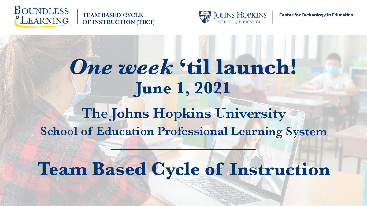 Teacher wearing a mask in a classroom giving hybrid instruction to students in person and online. Reads: One week 'til launch! Johns Hopkins University School of Education Professional Learning System. Team Based Cycle of Instruction
