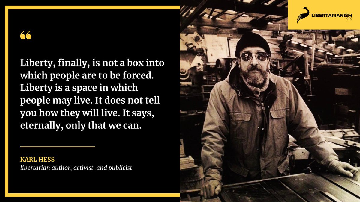 libertarianism's tweet photo. Born #OTD in 1923, Karl Hess was a speechwriter, author, &amp; activist. Karl was an icon of libertarianism &amp; radical individualist thought. His influential essay "The Death of Politics" originally appeared in the March 1969 issue of Playboy. 
Read it now ⬇️
https://t.co/Bw8qOlJ1hO https://t.co/pmNuuLF80w