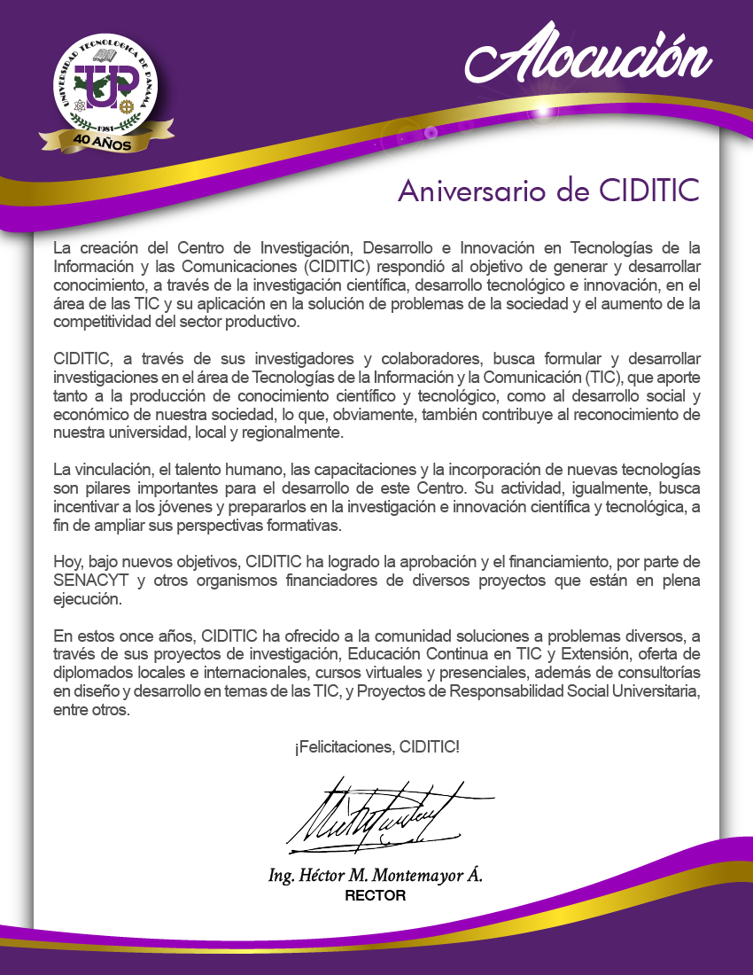utppanama's tweet photo. Alocución Aniversario de CIDITIC.
#UTP #CIDITIC https://t.co/coBl2OsUOL
