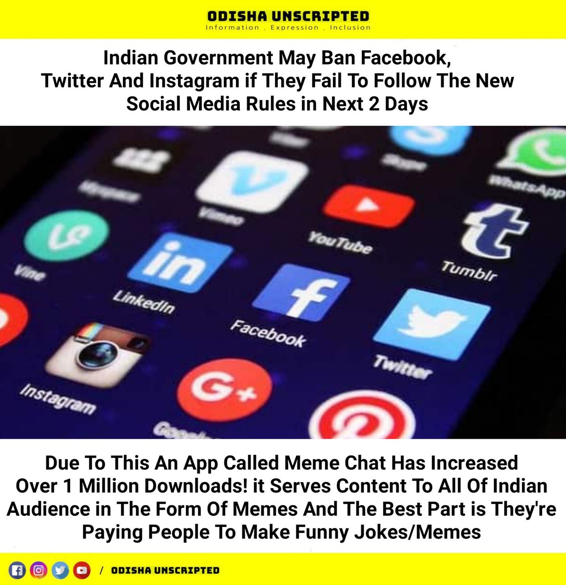 odisha_unscript's tweet photo. Indian Government May Ban Facebook,Twitter And Instagram if They Fail To Follow The New Social Media Rules in Next 2 Days.
#odishaunscripted 
#FacebookIndia 
#instagram 
#twitter 
#ban
#india https://t.co/XL3nyWBMgg