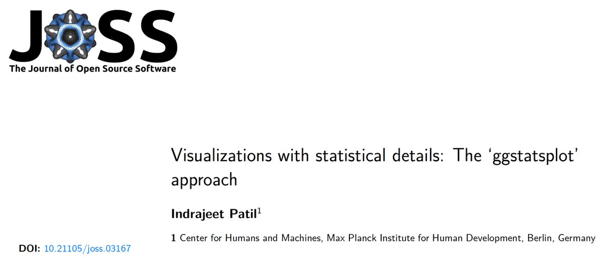 patilindrajeets's tweet image. Took almost 4 years, but there is finally a peer-reviewed {ggstatsplot} 📦 paper! 🥳
📜 joss.theoj.org/papers/10.2110…
📦 indrajeetpatil.github.io/ggstatsplot/
Thanks to a long list of users, mentors, & developers who have helped me in the process. 🙏
#rstats #DataScience #phdchat #AcademicChatter